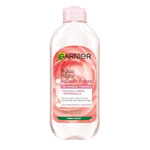 GARNIER Skin Active Agua Micelar con Agua de Rosas para Piel Apagada y Sensible, Desmaquilla, Limpia e Ilumina en un solo gesto, Apto para Rostro, Labios y Ojos, 400Mililitros