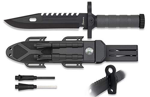 Cuchillo Albainox 32537, Negro con Pedernal y Afilador, Hoja 19 cm. Mango de ABS para Caza, Pesca, Camping, Outdoor, Supervivencia y Bushcraft