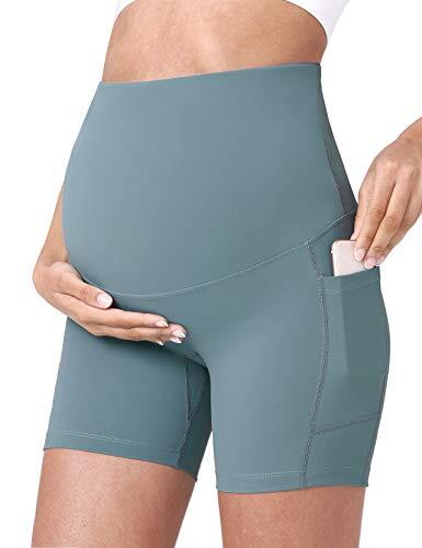 POSHDIVAH Pantalones Cortos de Yoga de Maternidad para Mujer sobre el Vientre, Pantalones Cortos de Verano con Bolsillos de 5 Pulgadas - Verde - Large