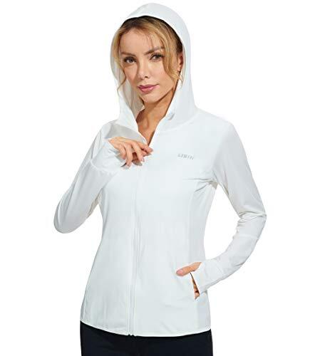 Libin Mujer UPF 50+ Chaqueta de Capucha Protección Solar Con Cremallera Completa Manga Larga Sudadera Carrera Surf Al Aire Libre a Pie Con Bolsillo Blanco M