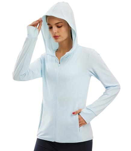 Libin Mujer Chaqueta de Capucha UPF 50 Protección Solar con Cremallera Completa Manga Larga Sudadera de Sol Carrera Surf Al Aire Libre con Bolsillo Azul Hielo L