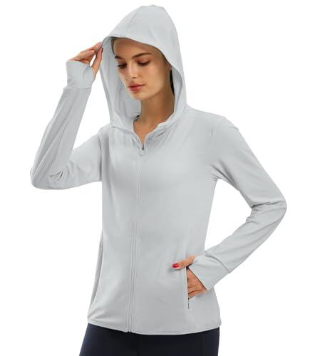 Libin Mujer UPF 50 + Chaqueta de Capucha Protección Solar con Cremallera Completa Sudadera de Sol Manga Larga Sudadera Carrera Sudadera Surf Al Aire Libre a Pie con Bolsillo Ligero Gery L