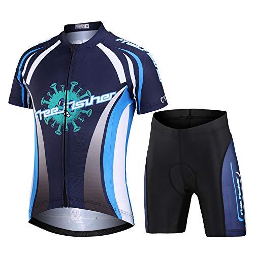 L PATTERN Niños Niñas Maillot Camiseta de Ciclismo Manga Corta/Pantalones Cortos de Bicicleta/Traje de Ciclismo Conjunto de Maillot y Pantalones Cortos Transpirable Secado Rápido, Azul Negro, L