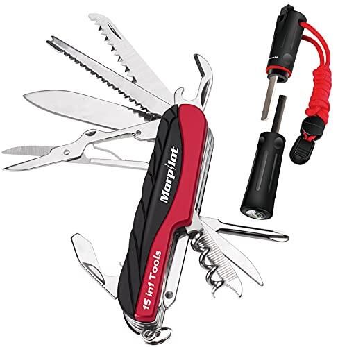 Navaja Multifuncional Morpilot 15 en 1 Navaja Suiza y Pedernal con Encendedor de Fuego, Último Cuchillo Multiuso Acero Inoxidable, Navaja Caza Pesca, Impermeable Herramienta Múltiusos
