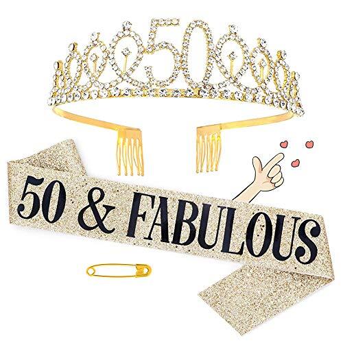 Juego de tiara de corona y faja de cumpleaños, diadema de tiara de 50 cumpleaños para mujer, decoraciones de cumpleaños personalizadas, regalos de cumpleaños ideales y suministros para fiestas