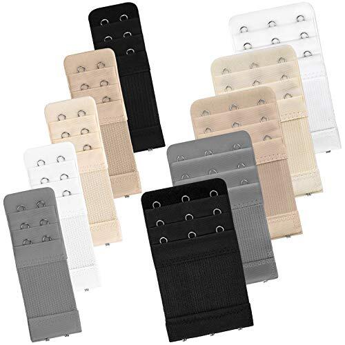 Bigqin - Extensor de sujetador (10 piezas, correa elástica con 3 filas, 5 ganchos, 5 corchetes negro/blanco/beige/gris-plata/color piel, 19 mm espaciado