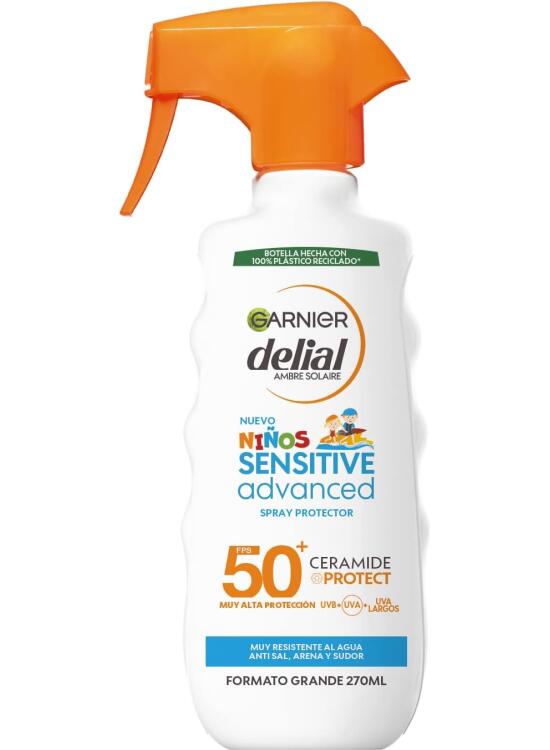 Garnier Delial Niños Sensitive Advanced Pistola Protector Solar en Spray para Niños. Alta Protección FPS 50+. Resistente al agua, arena, sal y cloro. Testado bajo control pediátrico. 270 Ml