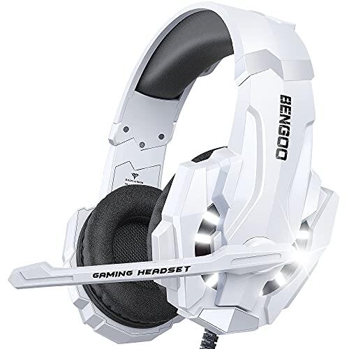 BENGOO Auriculares Pro Gaming para PS4, PS5, PC, Xbox One, con cancelación de ruido, micrófono, luz LED, borde de graves, orejeras de memoria suave para laptop, Mac, color blanco