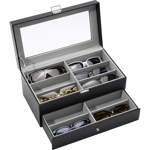 ProCase Caja Gafas, Expositor Gafas de Sol, Organizador Sunglasses 12 Compartimentos 2 Capas, Estuches para Gafas, Joyería, Reloj, Guardar Llaves Regalo Ideal para Mujeres Hombres -Negro