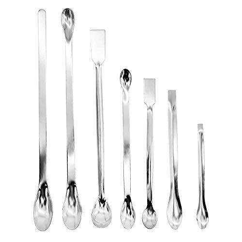 Voarge Espátulas de laboratorio, Espátulas de laboratorio Acero Inoxidable Micro Cuchara de Muestra Extremos Dobles Espátula de Reactivo para Experimentar, Polvos, Gel Llenado, Plata,7 piezas