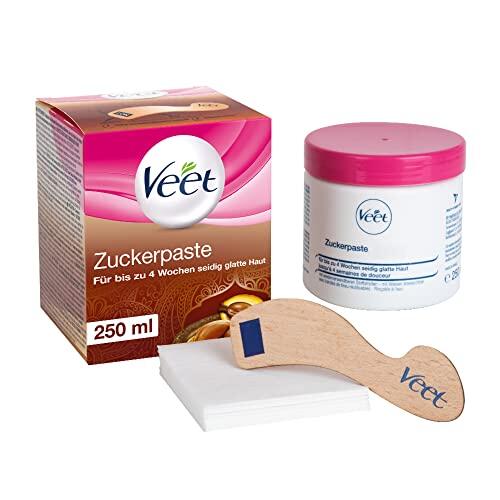Veet Pasta de azúcar pura con aroma a flor de vainilla, pasta de azúcar para la depilación en cuerpo y cara, 1 x 250 ml, incluye espátula de madera y tiras de tela