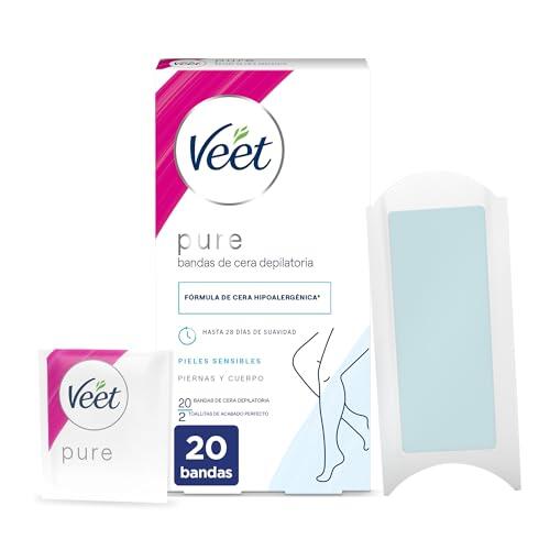 Veet Pure Bandas de Cera Fría Depilatoria para Depilación de Piernas y Cuerpo, Fórmula de Cera Hipoalergénica para Pieles Sensibles, 20 Tiras