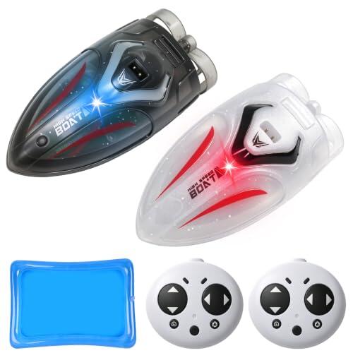7JI RC Stunt Lanchas,2 Pcs Mini Barcos Teledirigidos con Piscina Inflable | Función de giro automático,Luz LED,Se detiene automáticamente al salir del agua,Apto para bañeras,piscinas y lagos