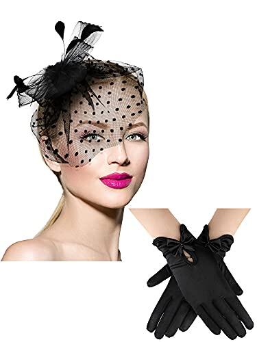 Geyoga Sombrero Fascinator de Velo de Pastillero de Años 50 Guante de Encaje (Estilo Chic)