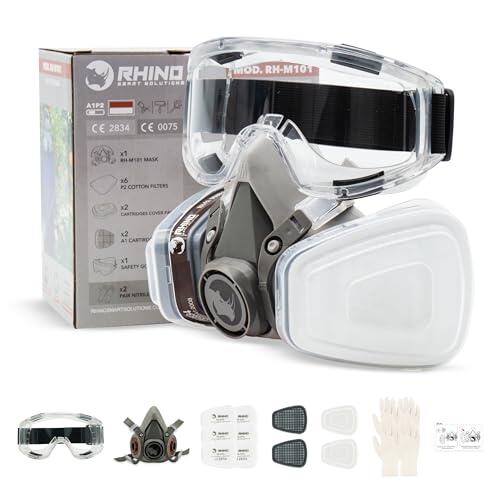 RHINO Smart Solutions Respirador Mascarilla Pintura, Polvo y Gases Orgánicos A1 | Mascara de Proteccion RH-M101 Reutilizable Antipolvo con Gafas de Proteccion, Guantes y Filtro de Carbon Activo