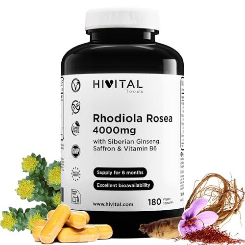 Rhodiola Rosea 4000 mg. 180 cápsulas veganas para 6 meses de tratamiento. Con Extractos Naturales de Rodiola Rosea, Ginseng Siberiano, Azafrán y Vitamina B6. Fabricado en España por HIVITAL