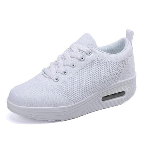 Zapatillas cuña Mujer Deportivas cuña Mujer Zapatos Deporte Gimnasio Zapatillas de Running Ligero Sneakers Cómodos Fitness Zapatos de Trabajo Blanco D 40EU