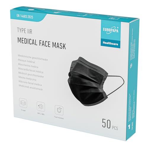 EUROPAPA® Negro Médico Tipo IIR Norma EN14683 TÜV CE Mascarillas OP Mascarillas Mascarilla Desechable BFE ≥ 98%, 1 Caja (50 Piezas)