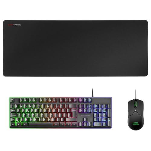 Mars Gaming MCPX, Portugués, Combo Gaming 3en1 con Teclado H-Mech Iluminado, Ratón Ultraligero 10000 dpi con Software y Alfombrilla XXL, Compatible con PC, PS4, PS5, Xbox, Negro