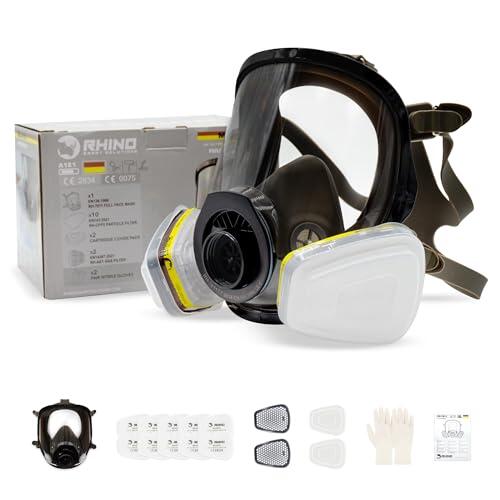 Máscara de Gas Completa Respirador RHINO RH-7011 Reutilizable para Vapores Orgánicos, Gases Ácidos, Fumigar, Pintura | Proteccion Facial con 10 Filtros de Recambio y Guantes