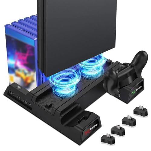 EEEKit Soporte con Ventilador para PlayStation 4, PS4 Pro Ventilador de Refrigeración para PS4 Slim con Estación de Carga para 2 Mandos, Hub USB, Almacenamiento para 12 Juegos