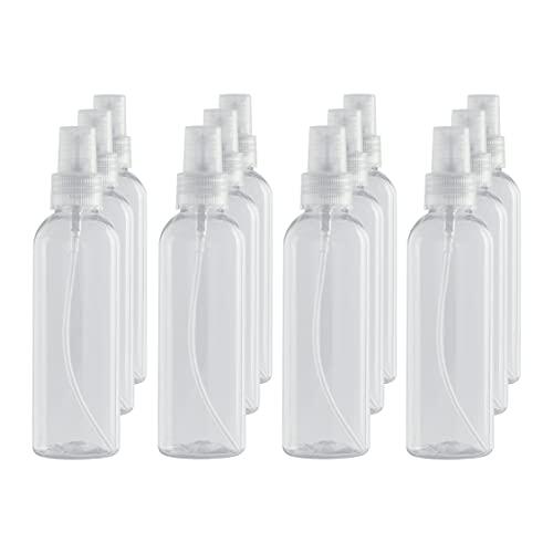 Botella Spray Pulverizador de plástico Transparente Pet 100 ml. hermética y Reutilizable. Nebulización Fina idónea para Limpieza, humectar, Plantas, ambientador y Perfume. (12 Unidades)