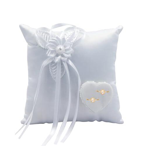 mimzemamz Cojin de Anillos Boda, Porta Alianzas Blanco Anillos de Boda Almohada 20x20cm con Cinta y Perlas Artificiales Accesorios de Compromiso de Boda (Cojin de Anillos 1)