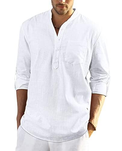 Enlision Hombre Verano Camisa de Lino Camisa Ajustada de Color Liso Camisa con Cuello en V Blusa de Moda con Botones T-Shirt Informal Blanco M