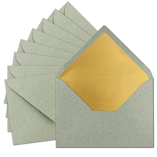10 sobres DIN C5 de 15,6 x 22 cm, de papel kraft en gris natural (gris) con forro de seda dorado, adhesivo húmedo, sobres en blanco de papel reciclado, serie UmWelt.