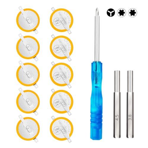 CR2025 con lengüetas compatibles con Azul, Rojo, Oro, Plata, Crystal Save Battery Paquete de 10 con Puntas de Seguridad de 3,8 mm, 4,5 mm y Juego de Destornilladores Triwing