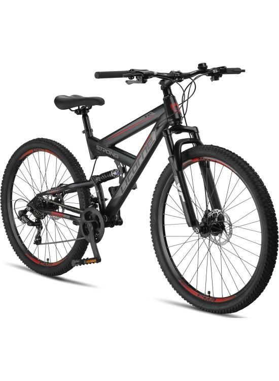 Licorne Bike Bicicleta de montaña Strong 2D, para niños, niñas, mujeres y hombres, freno de disco delantero y trasero, 21 velocidades, suspensión completa, negro/rojo, 29 pulgadas