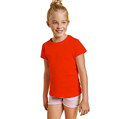 Camiseta de Colores Manga Corta 100% Algodón para Niñas - Camiseta Entallada, Cuello Redondo, cómoda, Suave, Lisa y Elegante (Rojo, 3/4)