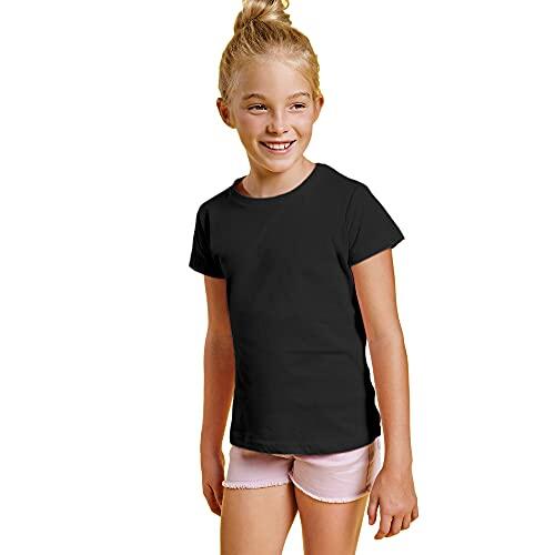 Camiseta de Colores Manga Corta 100% Algodón para Niñas - Camiseta entallada, cuello redondo, cómoda, suave, lisa y elegante (Negro, 9/10)