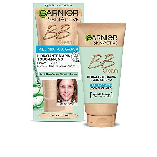 GARNIER Skin Active - BB Cream (para pieles mixtas a grasas, con SPF 25, Ácido Hialuronico, Extracto de Aloe Vera y Pigmentos Minerales, Hidrata, Unifica, Corrige e Ilumina) Tono claro - 50 ml