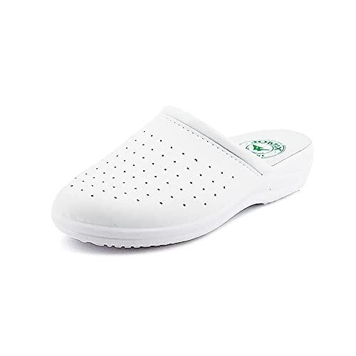 JOMIX Zuecos Sanitarios Mujer Chanclas Sanitarias Cómodas Ortopédicas Ligeras Transpirables, A Blanco, 38 EU
