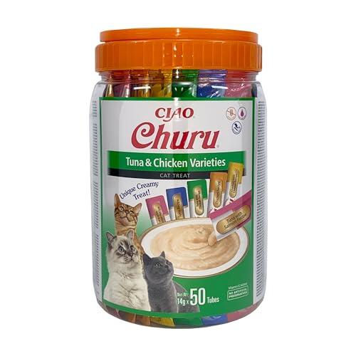 INABA Churu Snack para Gatos, Cubo Multipack Atún y Pollo, 50 x 14g | Snack Suave y Cremoso, Delicioso, Sticks para Lamer, Complemento para la Comida, Ingredientes Premium, Bajo en Calorías