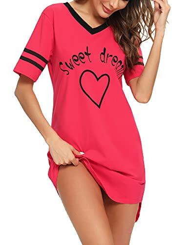 Litherday Camisón Mujer Algodón Verano con Cuello en V y Estampado Adorable Pijama de Manga Corta Cómoda y Suelta Ropa de Dormir, Rojo, L