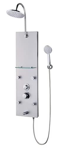 Edouard Rousseau Fatae - Columna de ducha hidromasaje 2 - Puntas anticalcáreas, 4 salidas de masaje, caño de baño, estante de cristal - Flexible 1,50 m - Aluminio