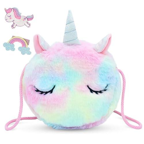 Voarge Bolso Bandolera Unicornios para Niñas, Bolso Pequeño de Felpa, Bolso de Hombro para Niñas Pequeñas, Bolso Mochila Unicornio Niña, Rosado azul