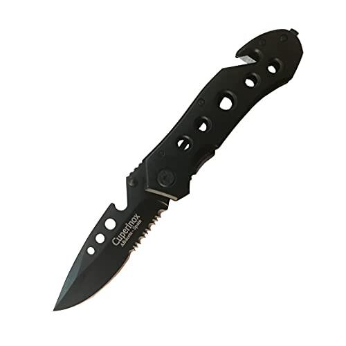 CUPERINOX Navaja Plegable Multiusos – Hoja de Acero Inoxidable 80 mm (Filo Liso + Serrado), Punta Rompevidrios, Apertura Rápida, Clip de Cinturón, Herramienta para Camping, Caza, Pesca y Supervivencia