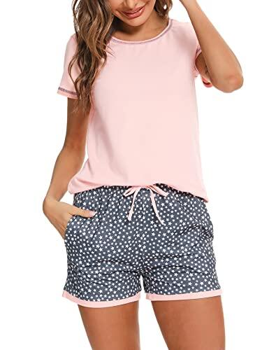 Litherday Pijama Mujer Verano Algodón Manga Corta Conjunto de Pijamas Cómodo y Transpirable con Cuello Redondo y Pantalones Cortos Ropa para Dormir con Bolsillos y Cordón, Rosa, L