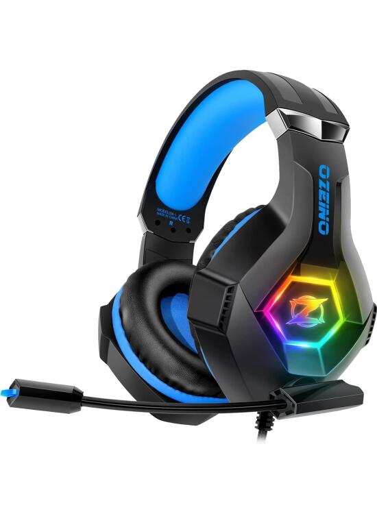 Cascos Gaming, Auriculares Gaming con Micrófono Rotatorio, Luz RGB, Premium Stereo, Orejeras Ligero Cómodo, para PS4 PS5 Xbox PC Switch Tableta Laptop