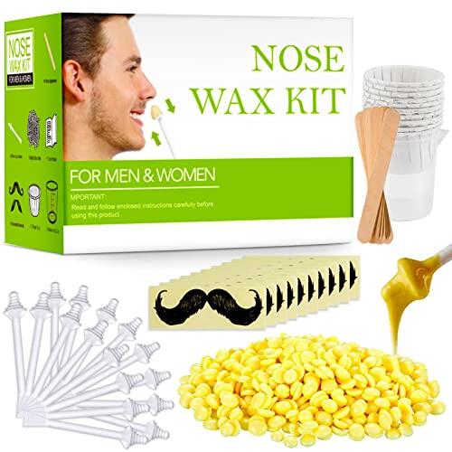 Nose Wax Kit - Kit de cera para la nariz, 100 g cera de la nariz, 20 aplicadores de punta seguros, 10 recipientes y 10 plantillas para bigote, Segura Rápida Indolora para Hombres/Mujeres(Verde)