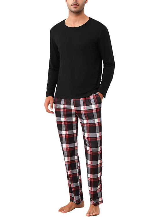 Uniexcosm Pijama de Hombre Manga Larga con Bolsillo Ropa de Casa de Cuello Redonde Cuadros Algodón Suave para Casual Hogar
