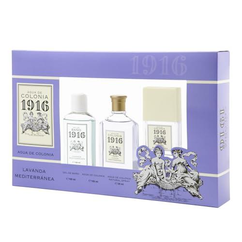 1916 - Lavanda Mediterránea Estuche de Regalo Mujer y Hombre, Agua de Colonia, Colonia 100 ml + 30 ml + Gel de Baño 100 ml, Perfume Unisex, Fragancia Fresca y Floral, Aroma de Larga Duración