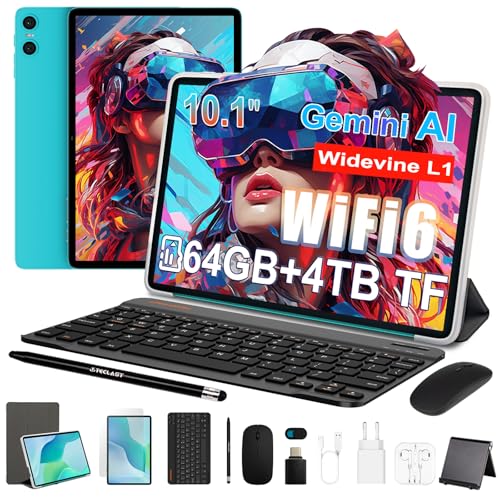 TECLAST P33 Tablet 10 Pulgadas Gemini AI, Android Tableta con 10 Accesorios, 64GB+4TB TF, 2GHz Octa-Core, Widevine L1, WiFi 6, 6000mAh/BT5.4/OTG, Tablet con Teclado+Lápiz+Funda+Ratón+Auriculares, 2026
