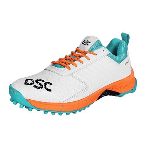 DSC Jaffa 22 Professional Cricket Shoes for Men | Toe and Heel Protection | Multilayer Cushioning | Supersoft and Flexibility | Rubber Outsole | Durability (White/Orange, Size: EU 46, UK 12, US 13)