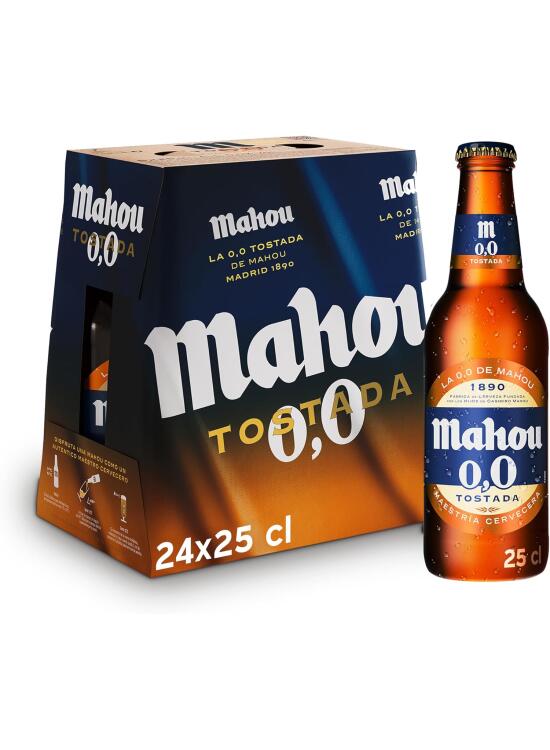 Mahou 0,0 Tostada, Pack de 24 Botellas x 25 cl, Cerveza Sin Alcohol, Refrescante, Ligera y Suave, Sabor Auténtico de Cerveza, 0.0% Vol Alcohol