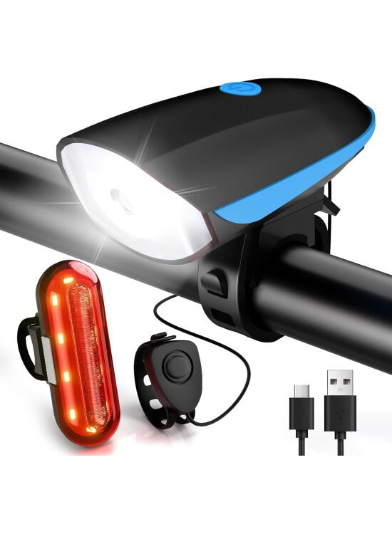 Luces Bicicleta Delantera Y Trasera, Luz Bicicleta Recargable USB, Super Brillante Luz Bicicleta Delantera con Zumbador, Impermeable IP65, 3+4 Modos, para Ciclismo de Montaña y Carretera