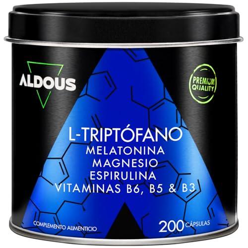 200 Cápsulas Triptofano con Melatonina y Magnesio + Vitamina B6, B5, B3 + Espirulina - Máxima Dosis Sueño + Descanso - 1,78mg de Melatonina con Magnesio - 600mg de Triptófano para Dormir Bien - ALDOUS